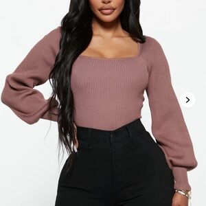 Fashion Nova Higher Love Ribbed Puff Sleeve Sweater – Brown – Size M – NWT